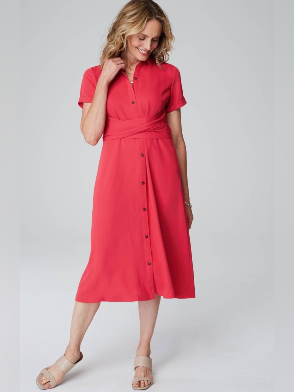 J. Jill Wearever Collection Tie Waist Shirt Dress Poppy Pink XS Petite NWT